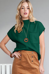 Green Patch Pocket Ribbed Knit Short Sleeve Sweater