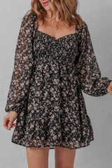 Black Floral Long Sleeve Frilly Shirred Square Neck Mini Dress