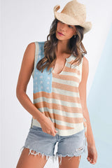 Beige USA Flag Notched Neckline Loose Knit Vest