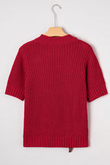 Fiery Red Plaid Lace-up Detail Christmas Holiday Puff Short Sleeve Sweater