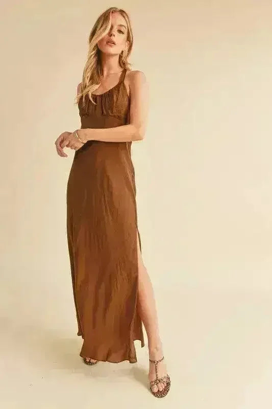 Aemi + Co Ruched Side Slit Cutout Back Maxi Cami Dress - Femstylo