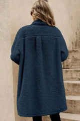 Blue Teddy Coat – Contrast Flap Pockets & Single Breasted - Femstylo