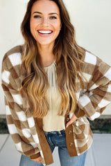 Brown Checkered Sherpa Loose Knit Cardigan with Pockets