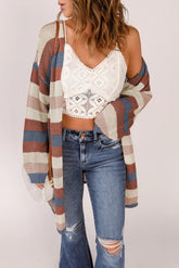 Dark Blue Color Block Striped Cut Out Knit Cardigan