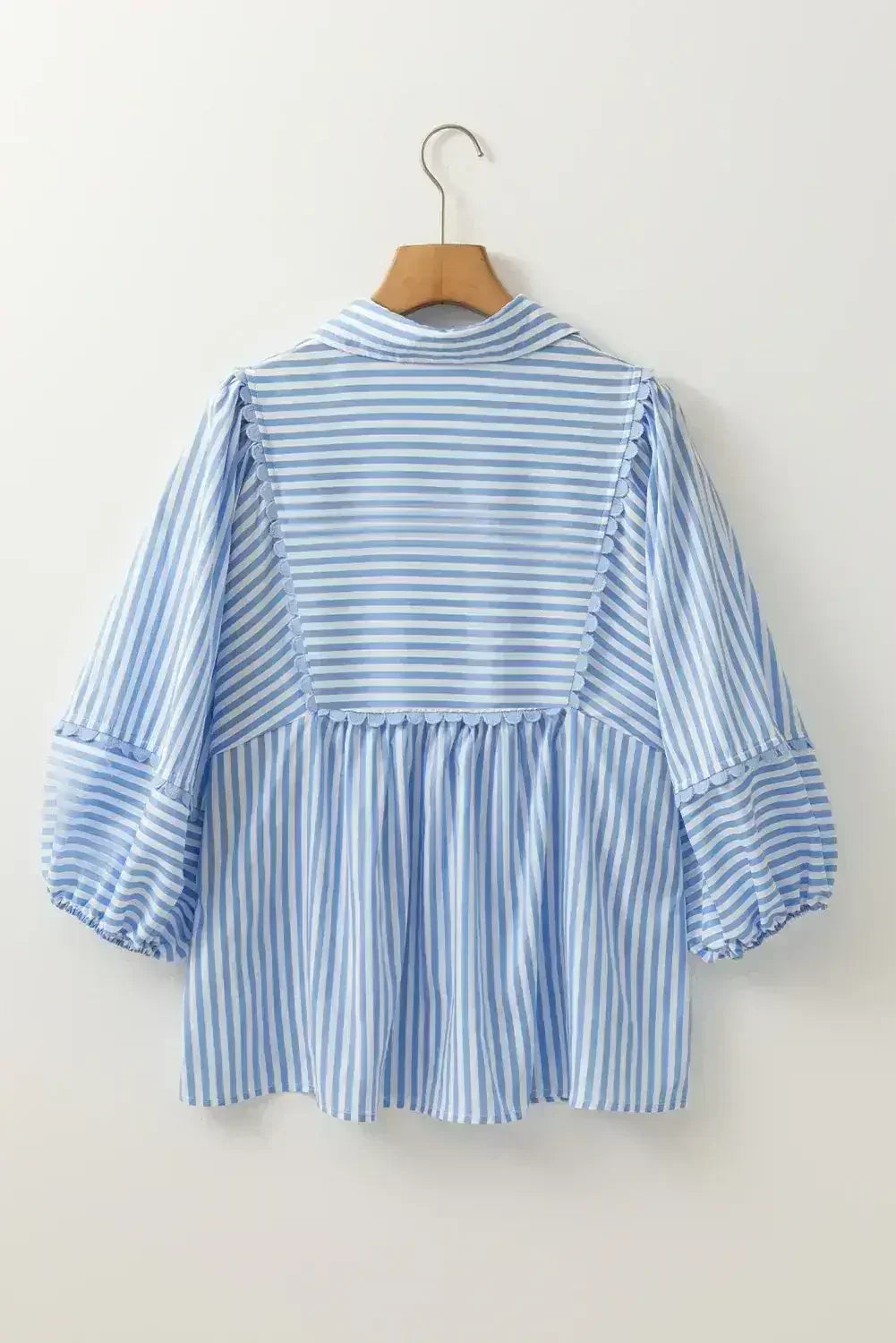 Sky Blue Striped Ric Rac Trim Collared V Neck Blouse - Femstylo