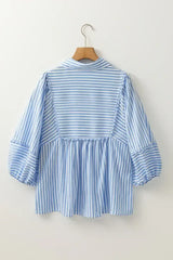 Sky Blue Striped Ric Rac Trim Collared V Neck Blouse - Femstylo