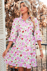 Pink Floral Print Striped Trim Flowy Mini Dress