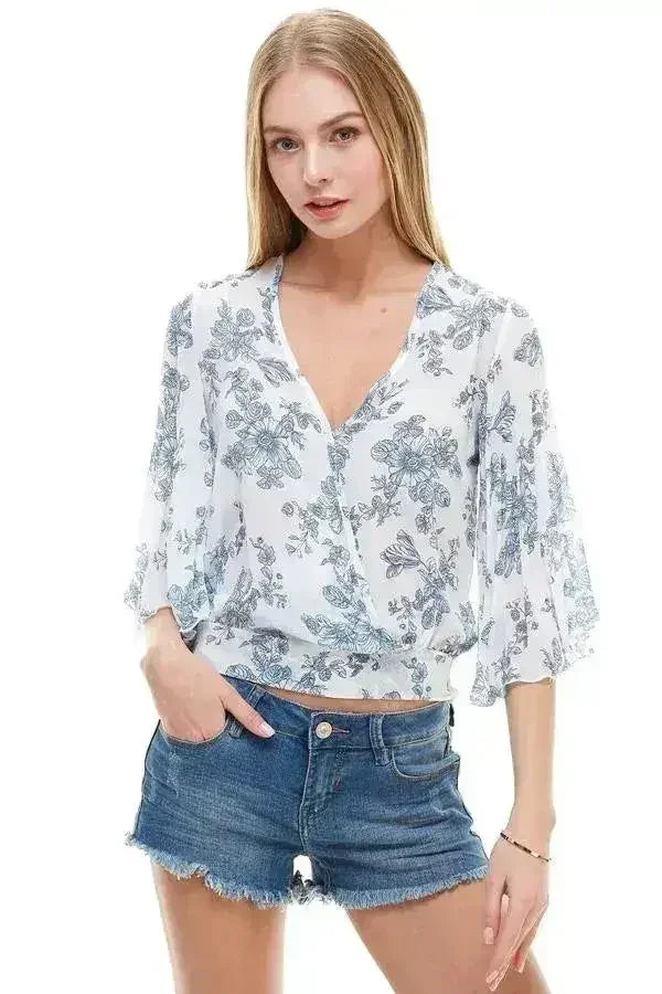 LONG SLEEVE SURPLICE FLORAL TOP | FEMSTYLO - Femstylo