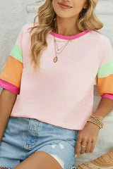 Light Blue Color Block Sleeve Round Neck Oversize Top - Femstylo