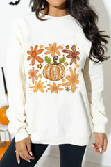 White Flower Pumpkin Printed Cotton Blend Sweatshirt - Femstylo
