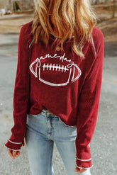 Red Waffle Rugby Graphic Contrast Hem Sweatshirt - Femstylo
