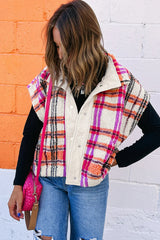 Rose Sherpa Plaid Jacket Vest | Polyester Collared Vest - Femstylo