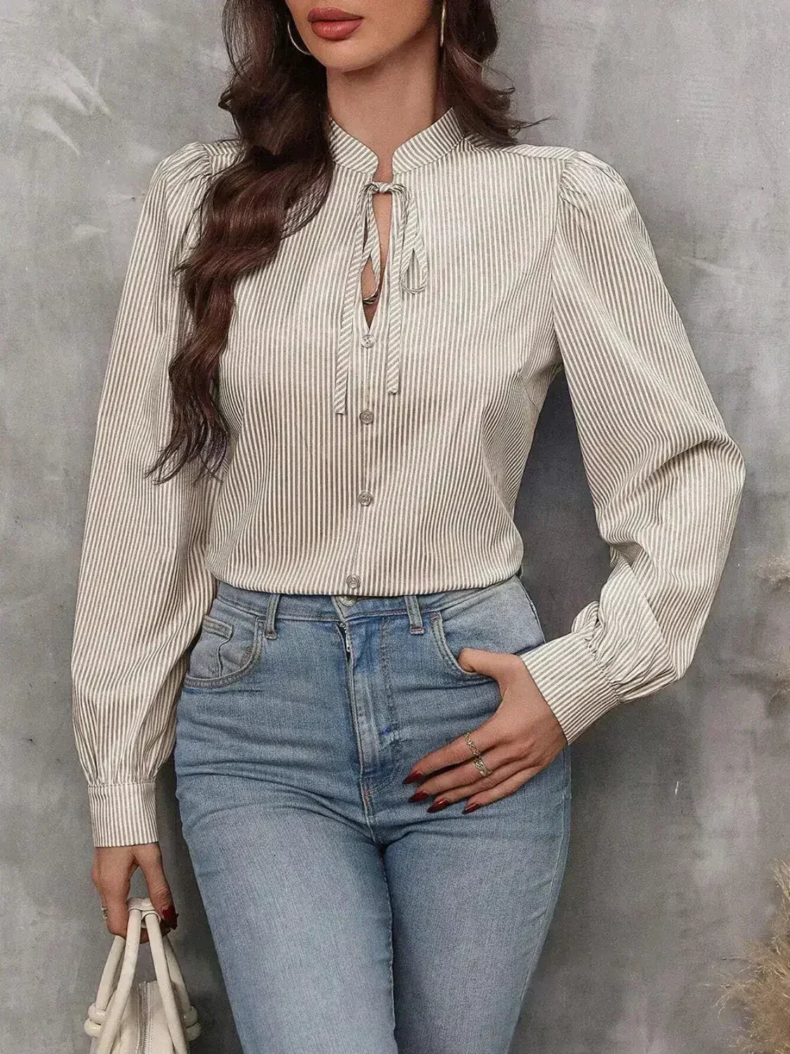 Striped Tie Neck Long Sleeve Blouse – Femstylo - Femstylo