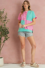 Mint Green Colorblock Half Buttons Henley T Shirt - Femstylo