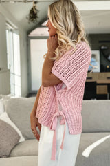 Pink Side Tie Hollow-out Crochet Knit Top