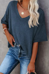 Blue Exposed Seam Drop Sleeve V Neck Waffle Textured Top - Femstylo