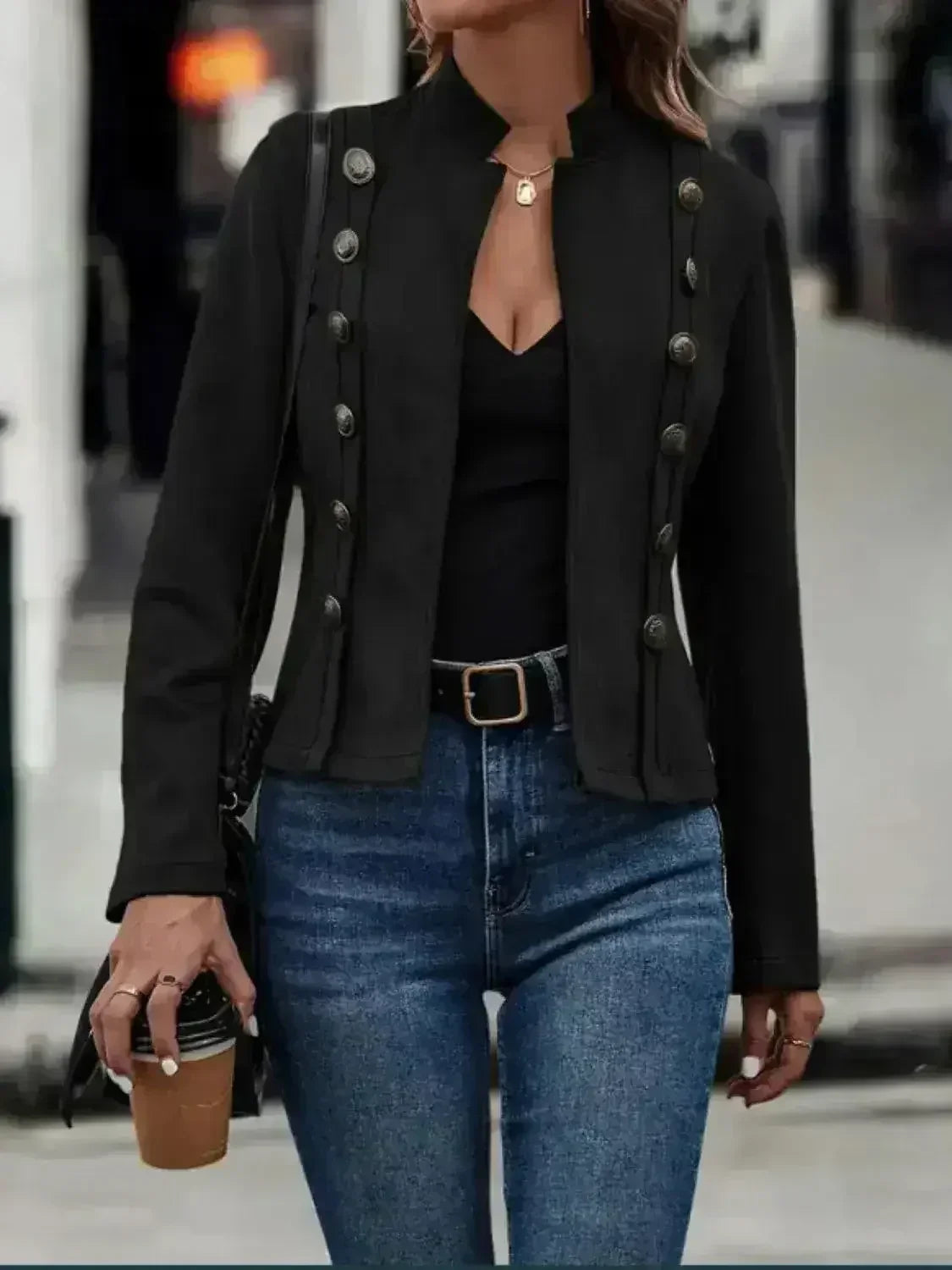 Decorative Button Open Front Long Sleeve Jacket - Femstylo