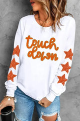 Beige Glittering Touch Down Patched Pattern Star Sleeve Sweatshirt - Femstylo