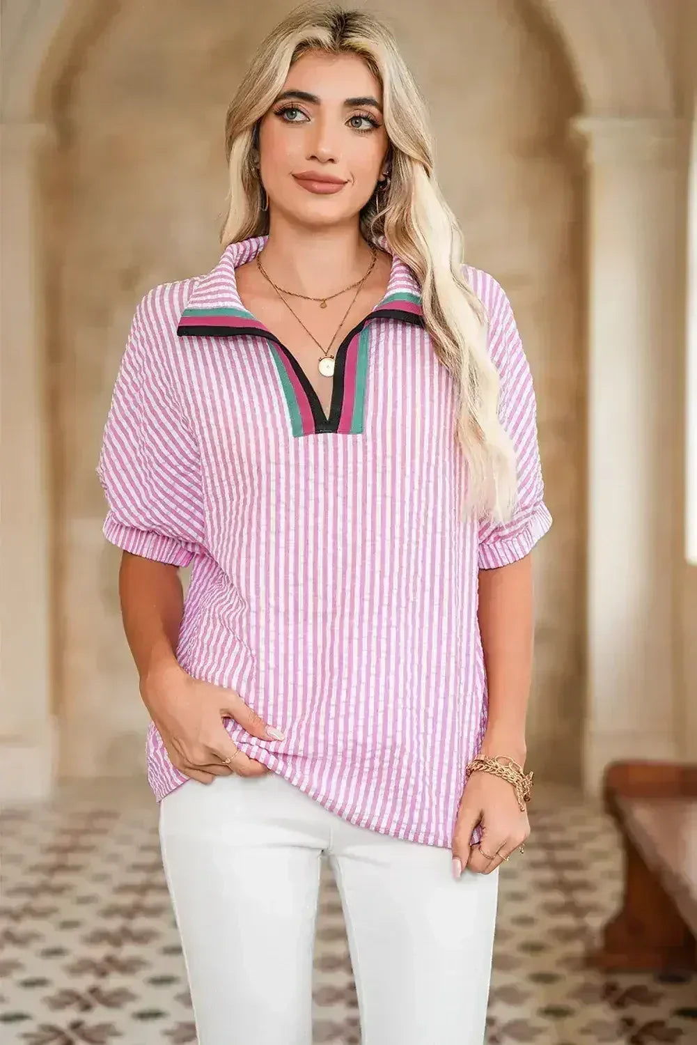 Sachet Pink Striped Dolman Sleeve Color Neckline Blouse | Femstylo - Femstylo