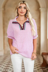 Sachet Pink Striped Dolman Sleeve Color Neckline Blouse | Femstylo - Femstylo