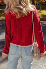 Racing Red Contrast Edge Twist Cable Knit Buttoned Cardigan