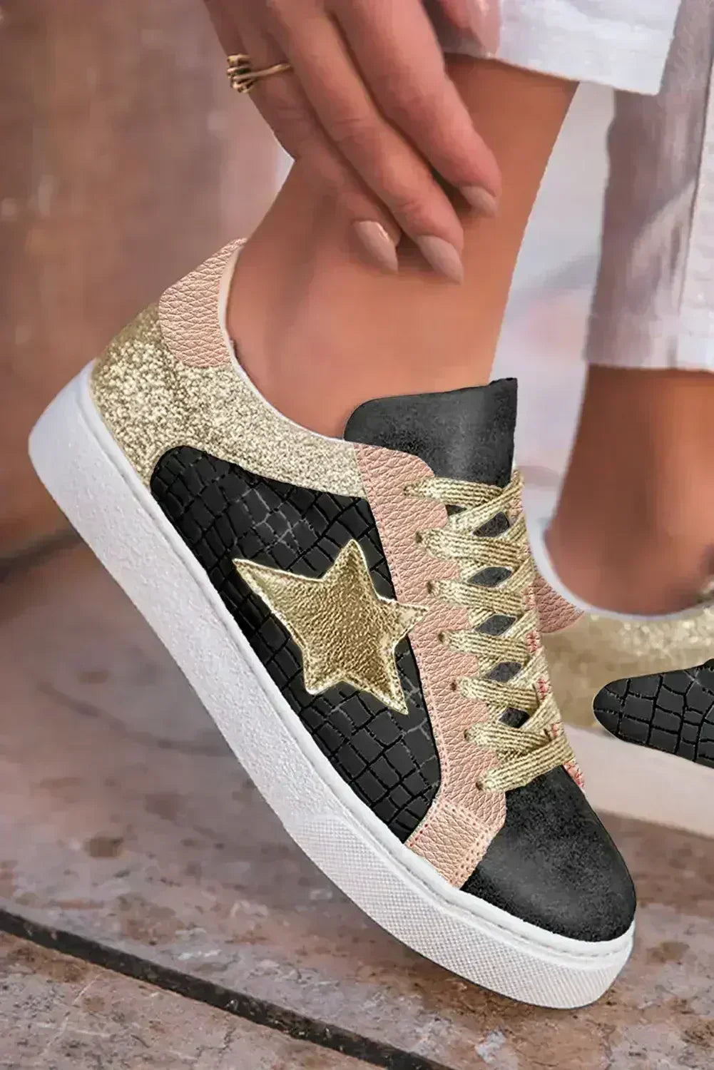 Gold Glitter Star Patchwork PU Leather Lace-up Sneakers - Femstylo