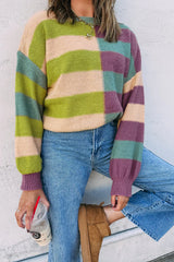 Green Stripe Colorblock Drop Shoulder Ribbed Edge Sweater