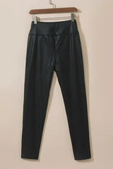 Black Piping Trim Sleek Leather High Waist Leggings - Femstylo