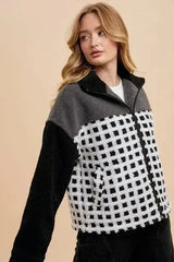 Annie Wear Plaid Zip Up Drop Shoulder Sherpa Jacket - Femstylo