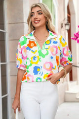 Green Abstract Leopard Short Sleeve Pop of Color Blouse | Femstylo - Femstylo