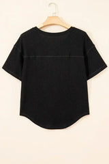 White Waffle Texture V Neck Drop Shoulder Loose Tee - Femstylo