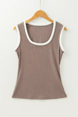 Smoke Gray Ribbed Knit Contrast Edge U Neck Slim Fit Tank Top - Femstylo