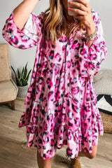 Black Leopard Button V Neck Flowy Mini Dress - Femstylo