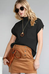 Mineral Red Patch Pocket Ribbed Knit Short Sleeve Sweater - Femstylo