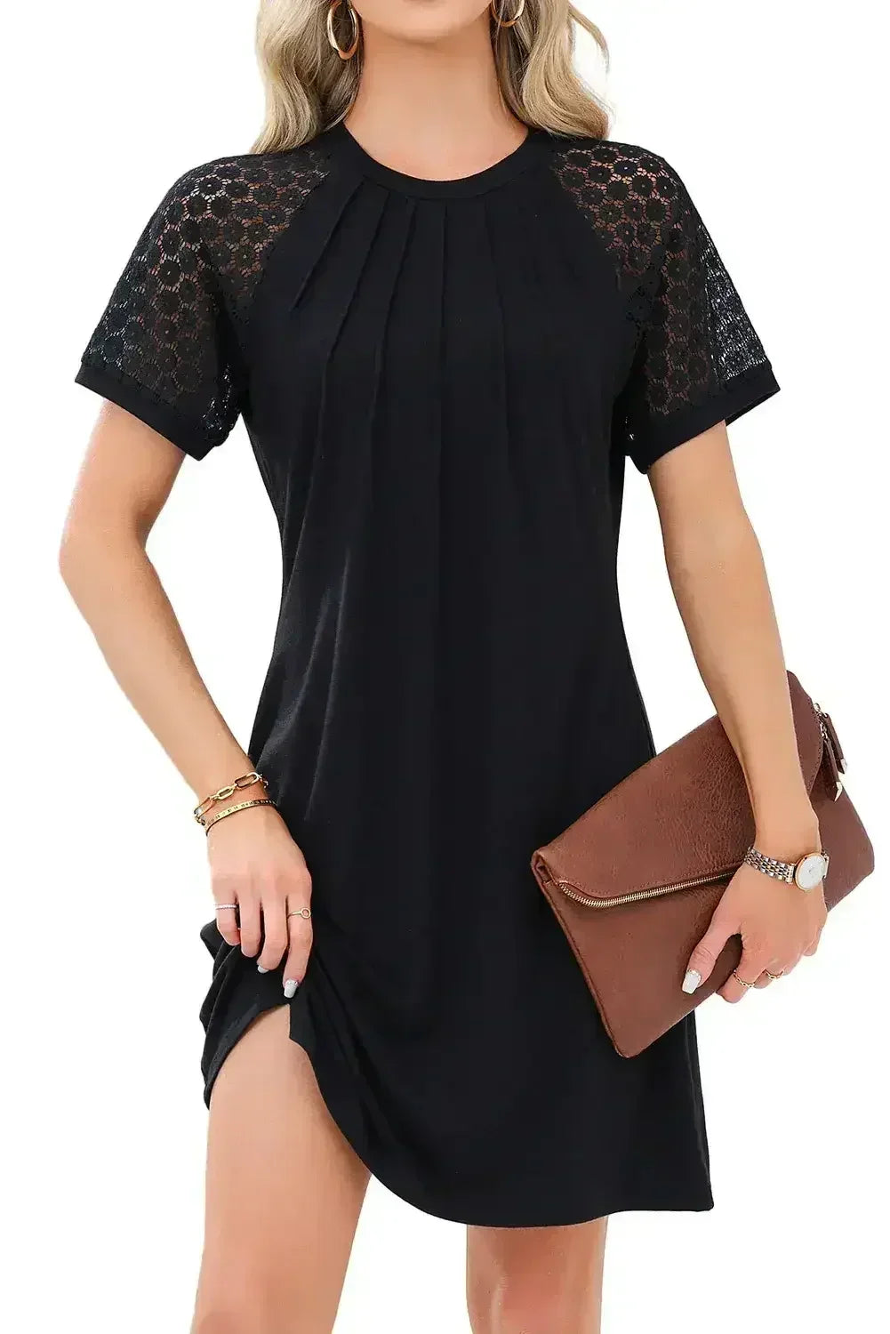 Navy Blue Contrast Lace Raglan Sleeve Pleated Mini Dress - Femstylo