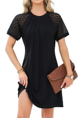 Navy Blue Contrast Lace Raglan Sleeve Pleated Mini Dress - Femstylo