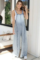 Blue Light Wash Frayed Exposed Seam Wide Leg Denim Overalls - Femstylo