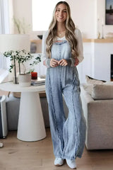 Blue Light Wash Frayed Exposed Seam Wide Leg Denim Overalls - Femstylo