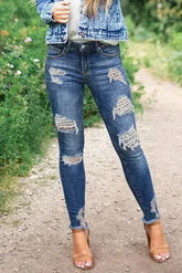 Women's Dark Blue Leopard Print Distressed Washed Skinny Jeans - Femstylo