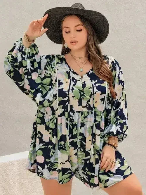 Plus Size Tied Printed Long Sleeve Romper - Femstylo