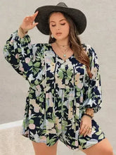 Plus Size Tied Printed Long Sleeve Romper - Femstylo