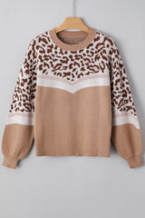 Straw Yellow Leopard Colorblock Patchwork Round Neck Sweater