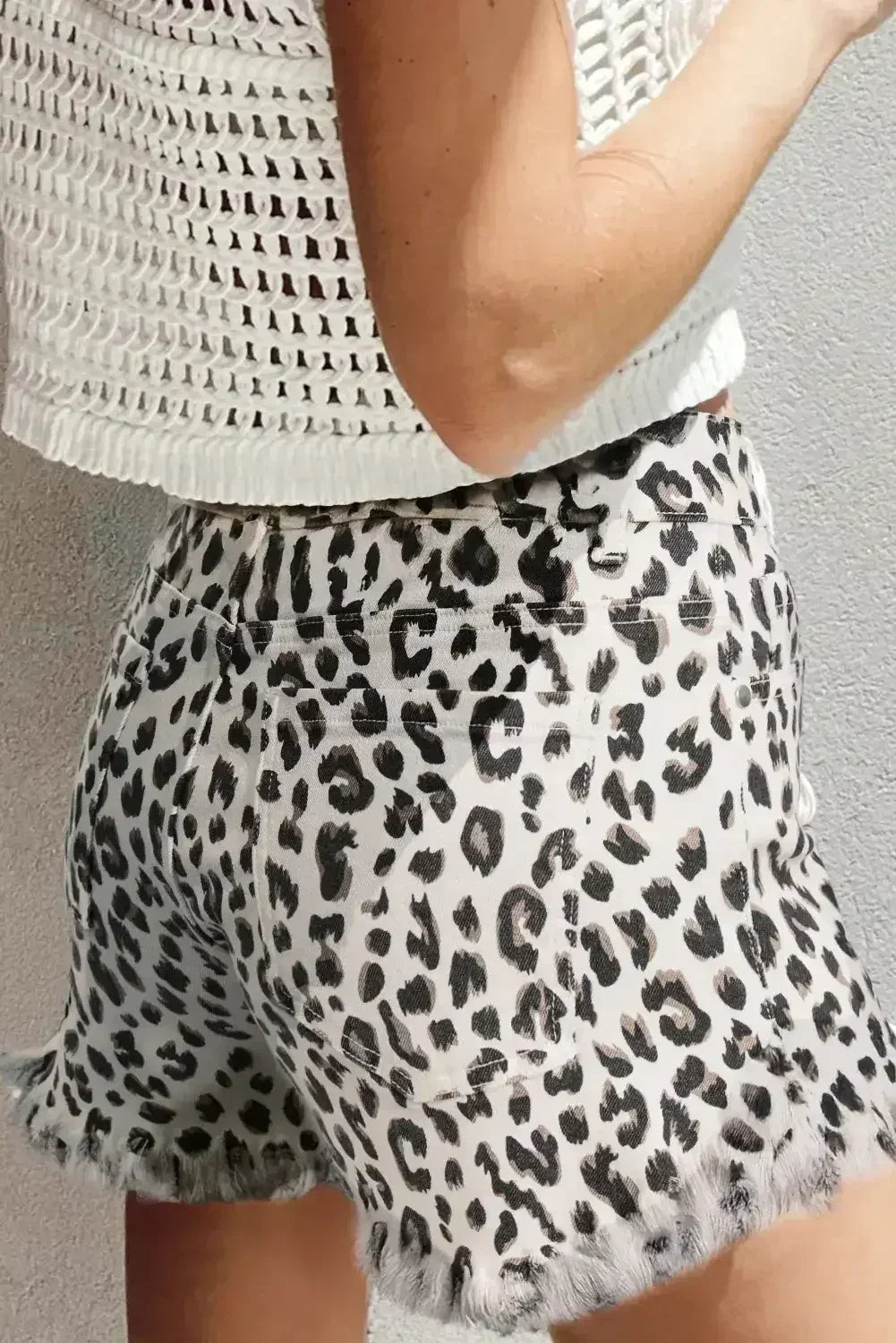 White Leopard Frayed Hem Denim Shorts - Femstylo