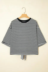 Black Stripe Bowknot Backless T-Shirt - Femstylo