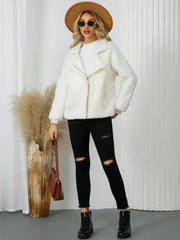 Pocketed Sherpa Zip Up Long Sleeve Jacket - Femstylo
