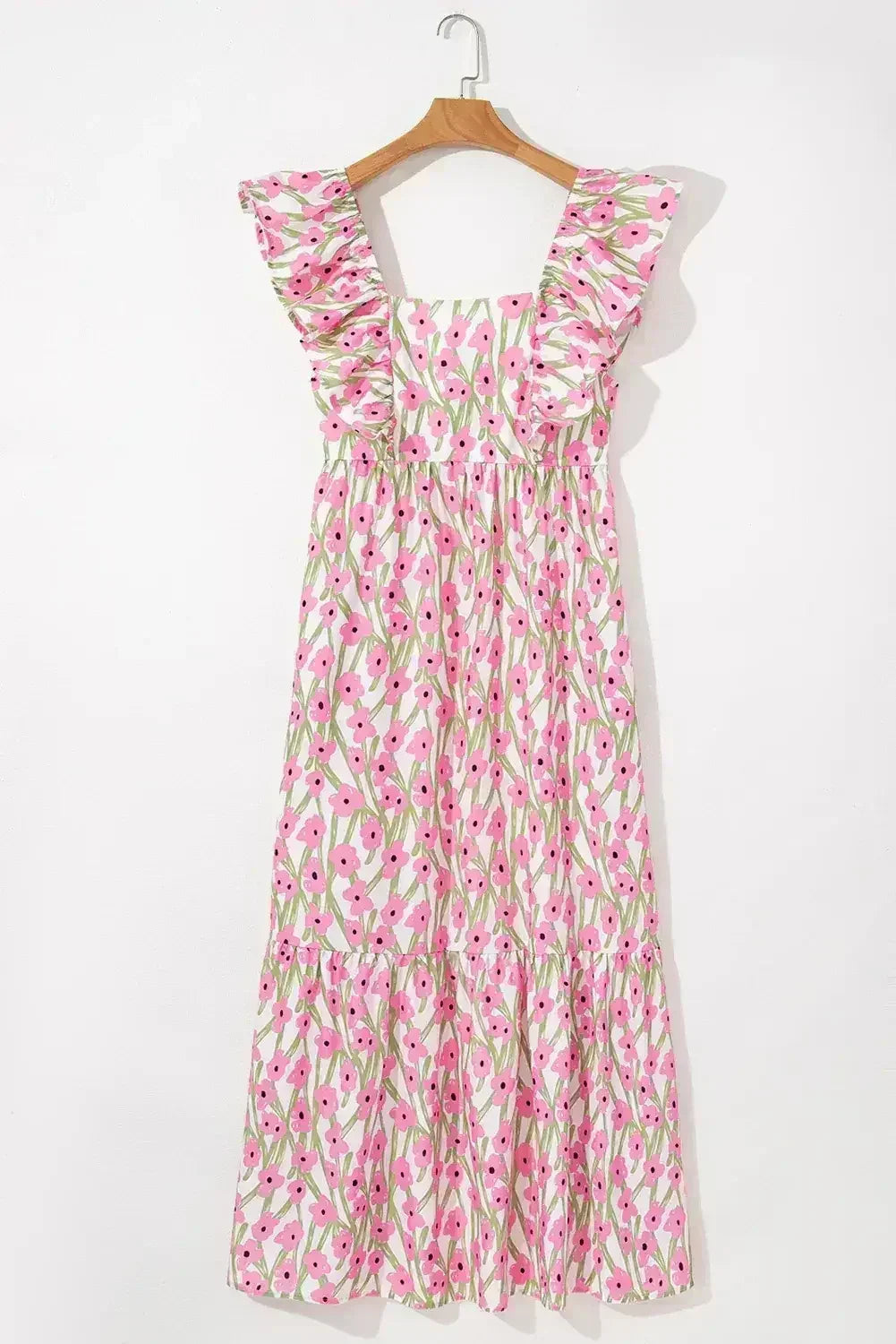 Pink Floral Print Square Neck Ruffled Strap Maxi Dress - Femstylo