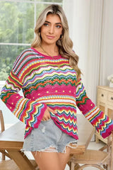 Rose Red Colorblock Striped Hollowed Knit Loose Sweater - Femstylo