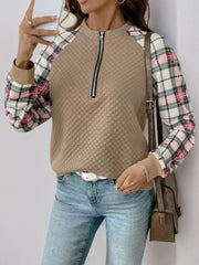 Perfee Plaid Half Zip Long Sleeve Texture Sweatshirt - Femstylo