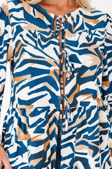 Blue Zebra Print Tied Front Puff Sleeve Top