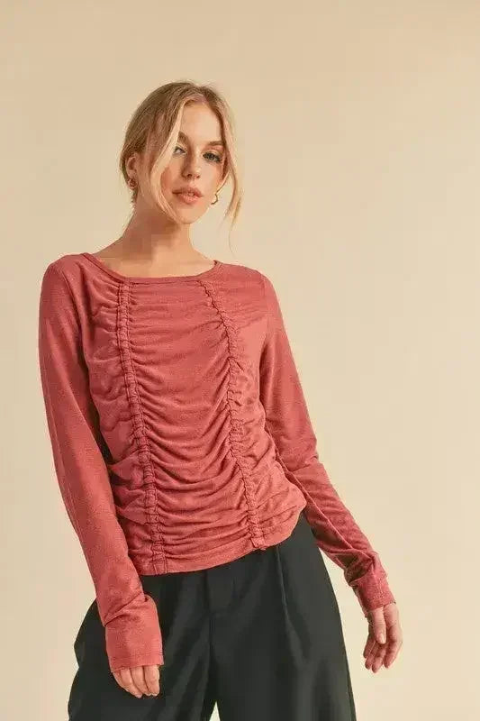 Ruched Front Long Sleeve T-Shirt - Slimming Top | Femstylo - Femstylo